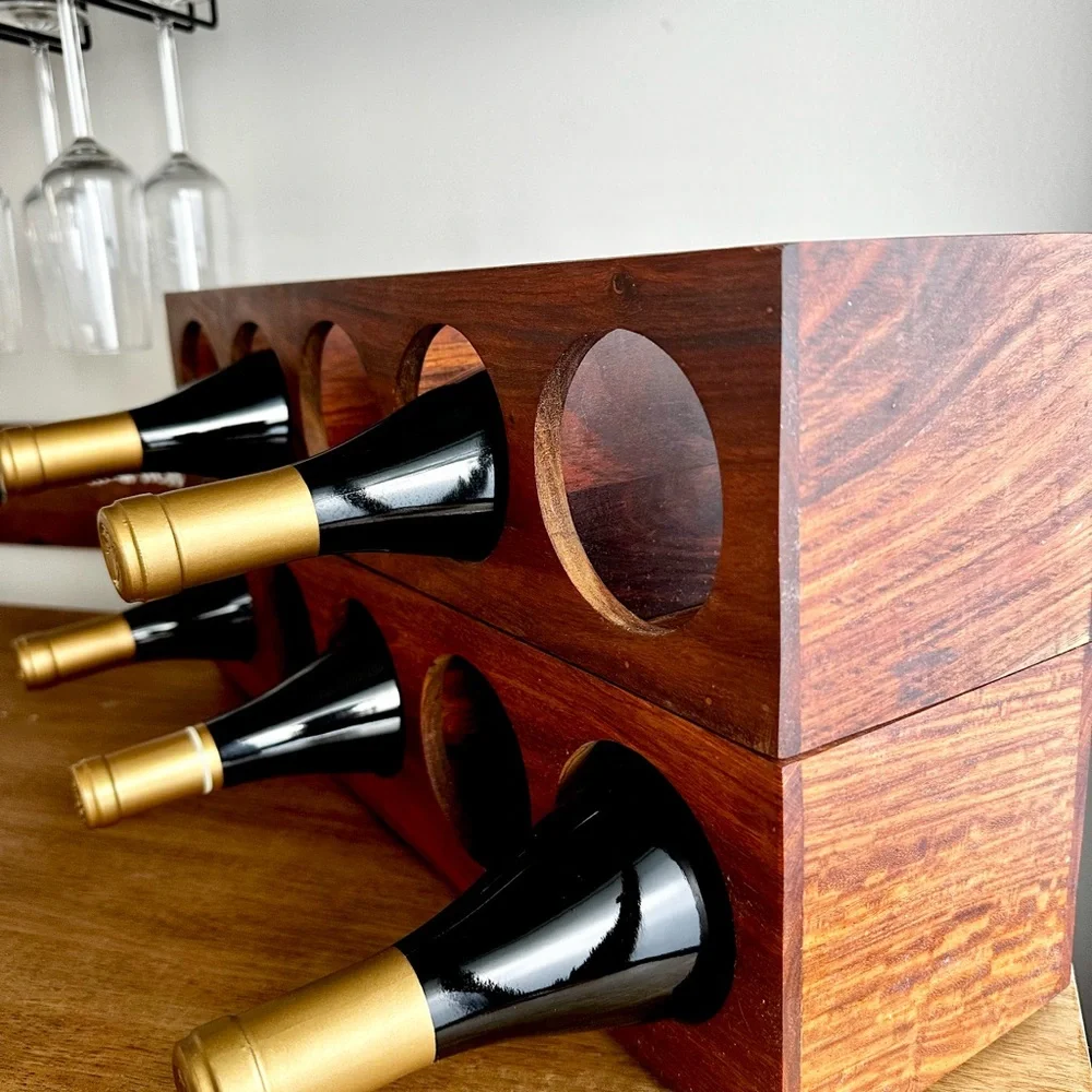 | crate & barrel • 10 bottle wooden wine rack • medium brown |